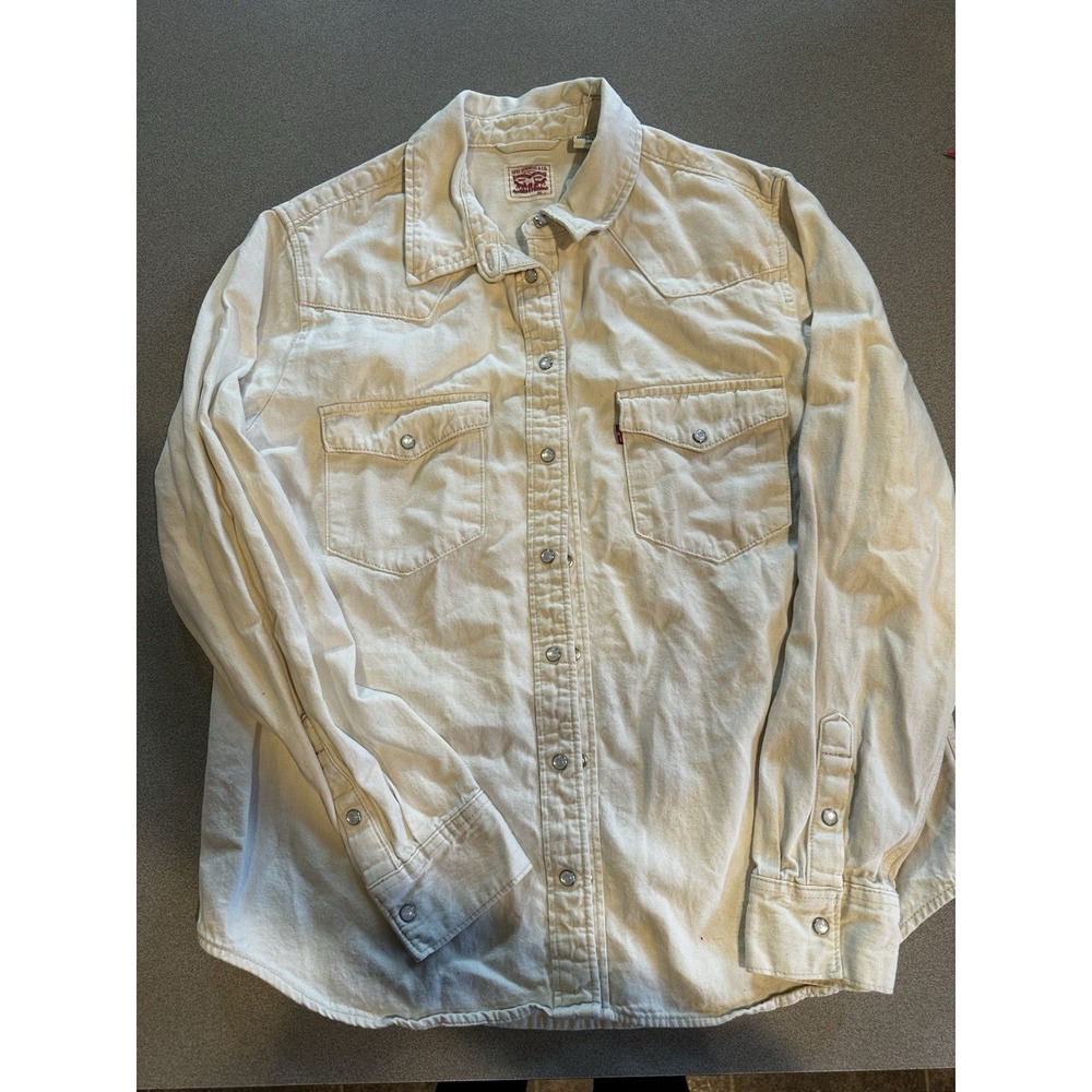 Levi's Women's Large Cream Shirt Top Long Sleeve Pearl Snap Collared 100% Cotton